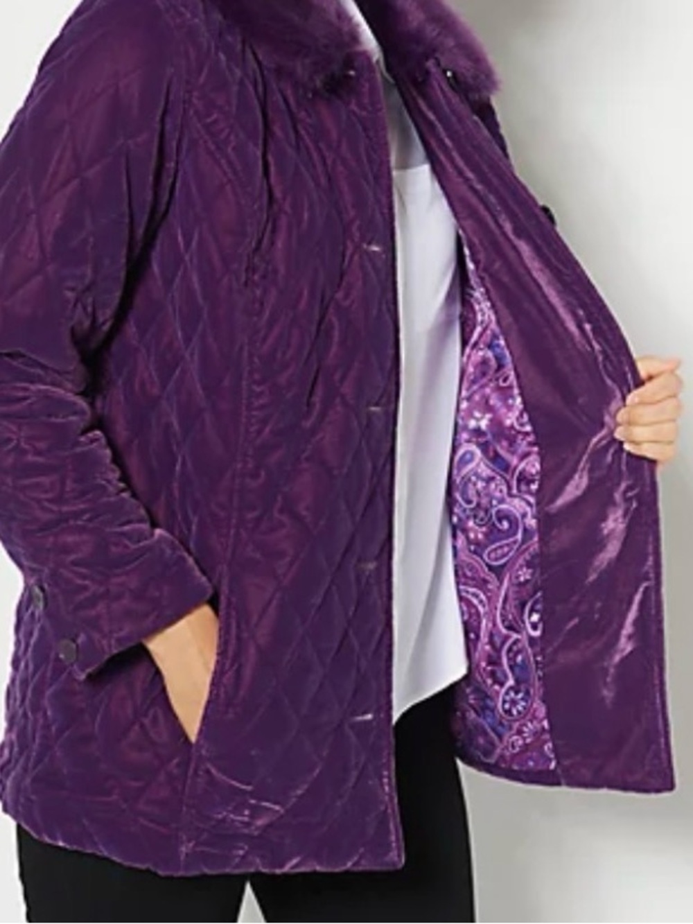 Isaac Mizrahi Quilted Velvet Coat with Faux Fur Collar - Purple SIZE M/L